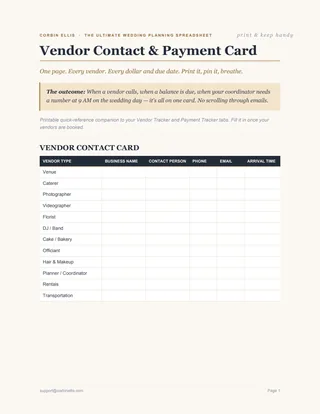 Vendor Contact and Payment Card bonus cover.