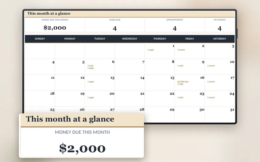 The Smart Calendar showing payments due and appointments by date.